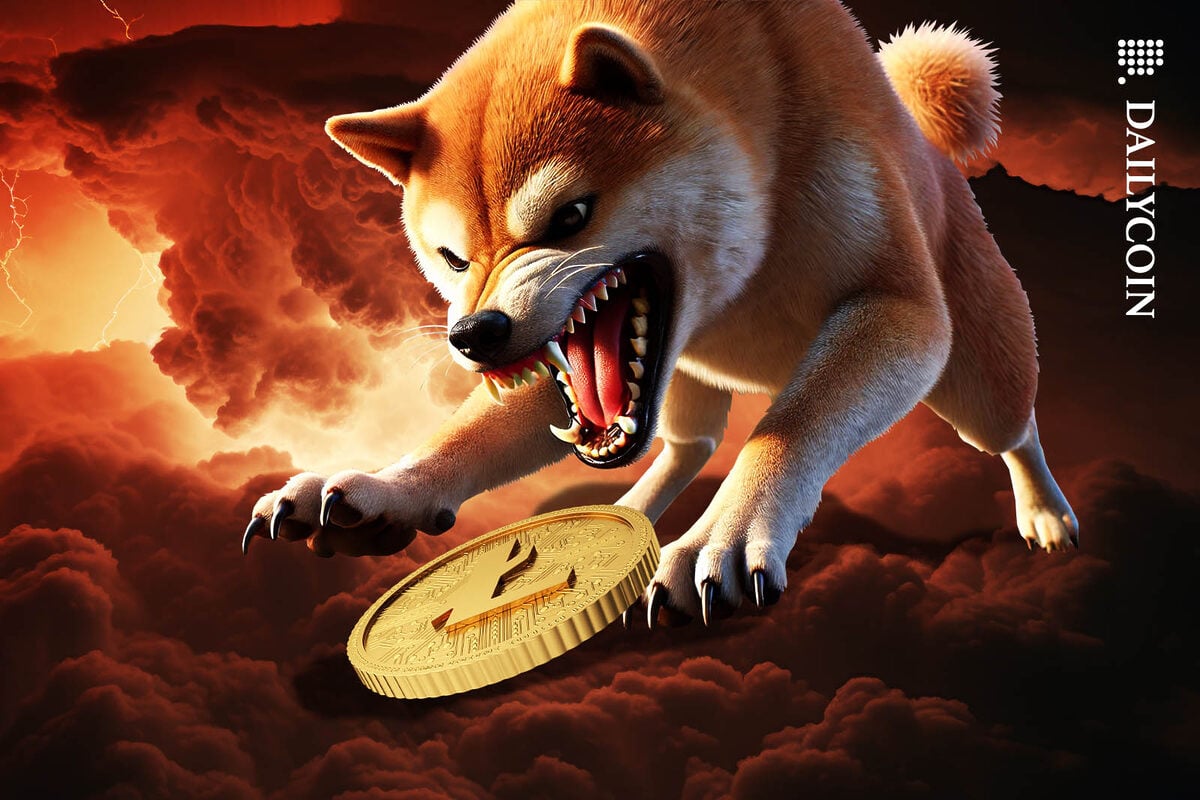 Angry Shiba inu attacking a Litecoin in the clouds.