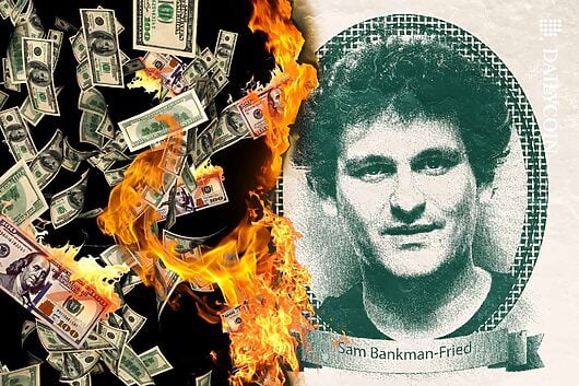 Sam Bankman Fried image burning into money.
