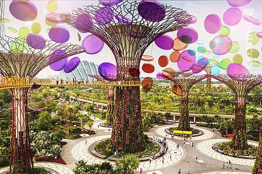 Singapore skyline with lots of colorful coins.