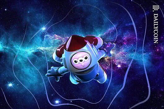 3 eyed alien creature flying across space.
