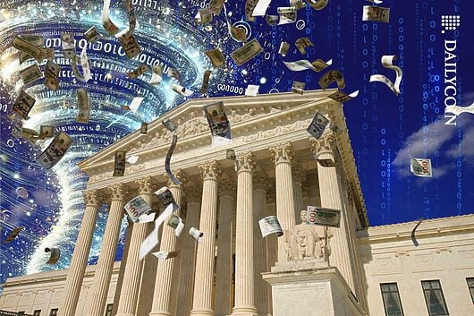 A digital tornado above a court house and money falling from the sky.