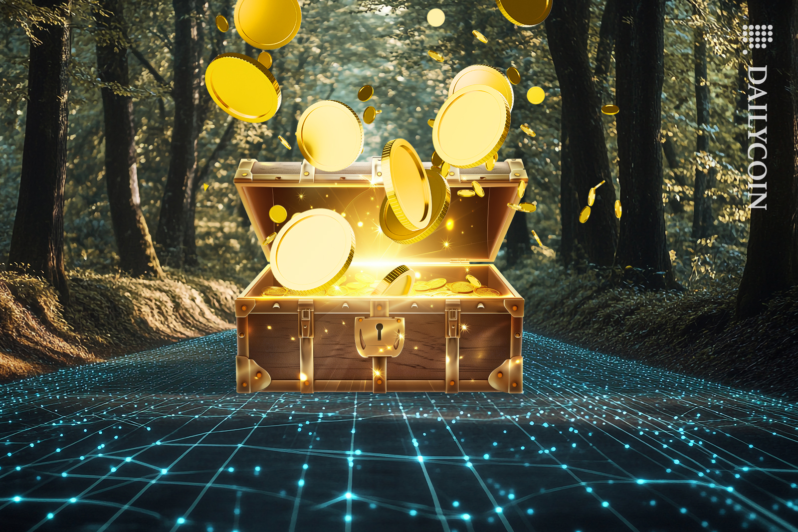 Treasure chest open on a digital road in the forest.