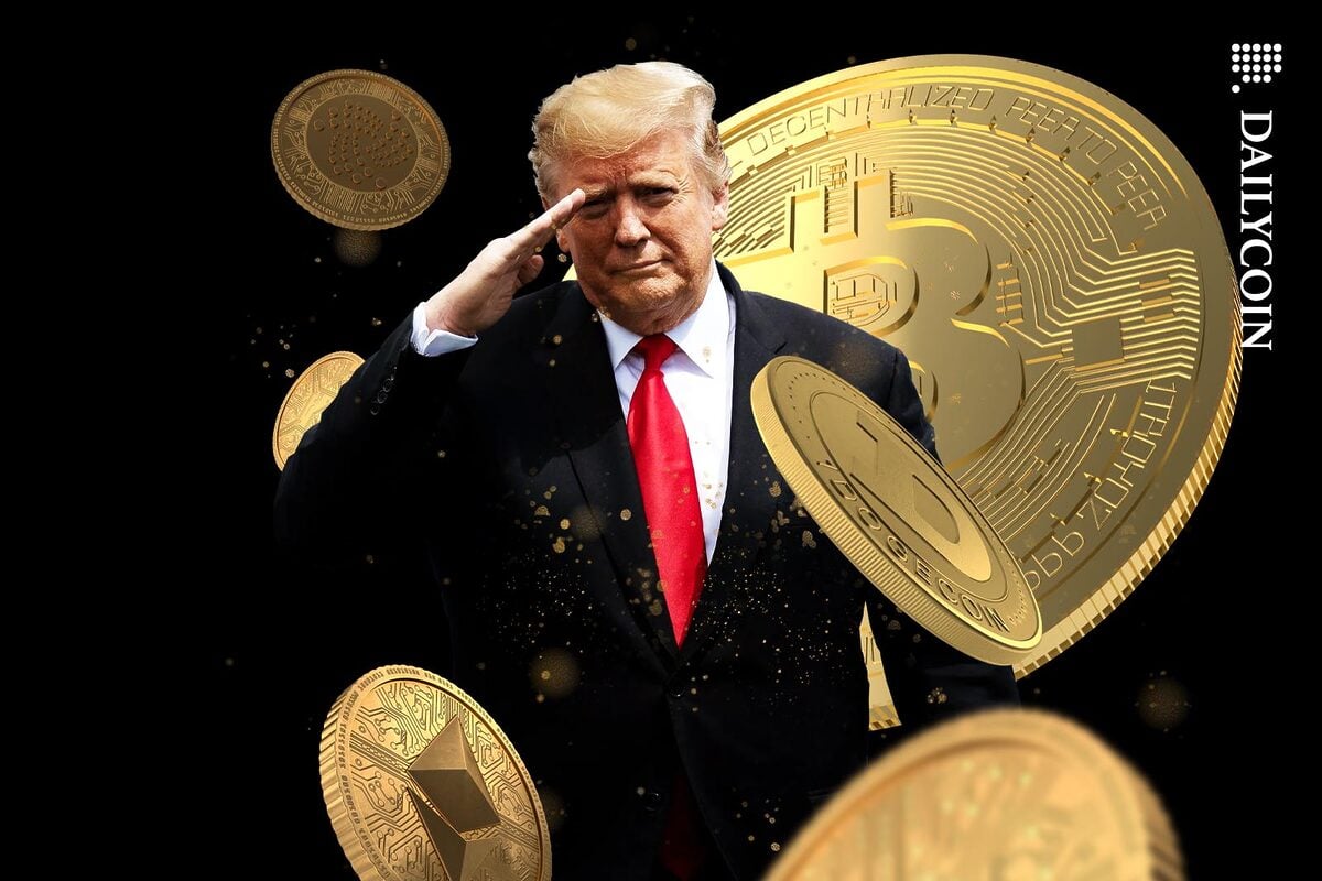 Donald Trump saluting between many crypto coins.