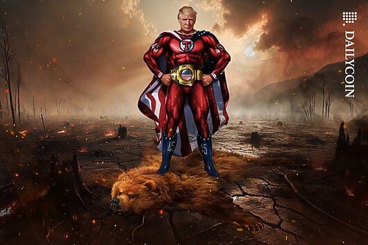 Donald Trump standing on a bear skin in a war torned landscape.