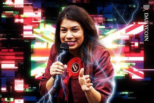 Tulip Siddiq talking in a microphone in front of a digital Union Jack.
