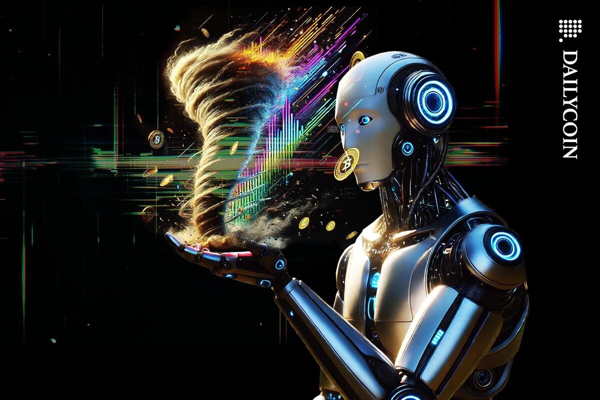 Futuristic robot holding a digital tornado on his palm.