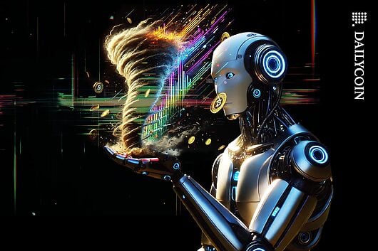 Futuristic robot holding a digital tornado on his palm.