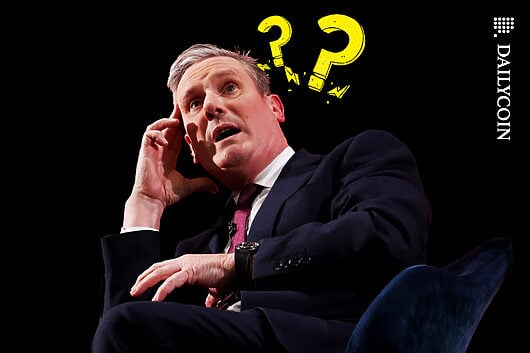 A confused looking Keir Starmer with cartoon question marks next to his head.