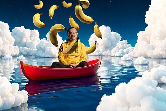 Binance CZ sitting on a boat with bananas falling on him.