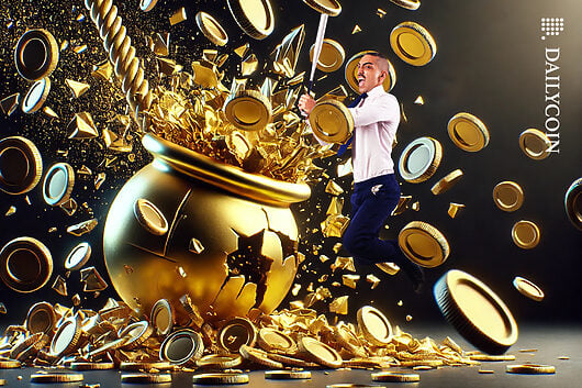 Man breaking the big gold pot of gold with a baseball bat.