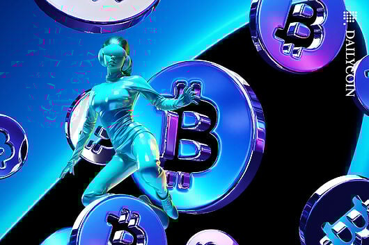 Woman floating in air with Bitcoins making a wave.