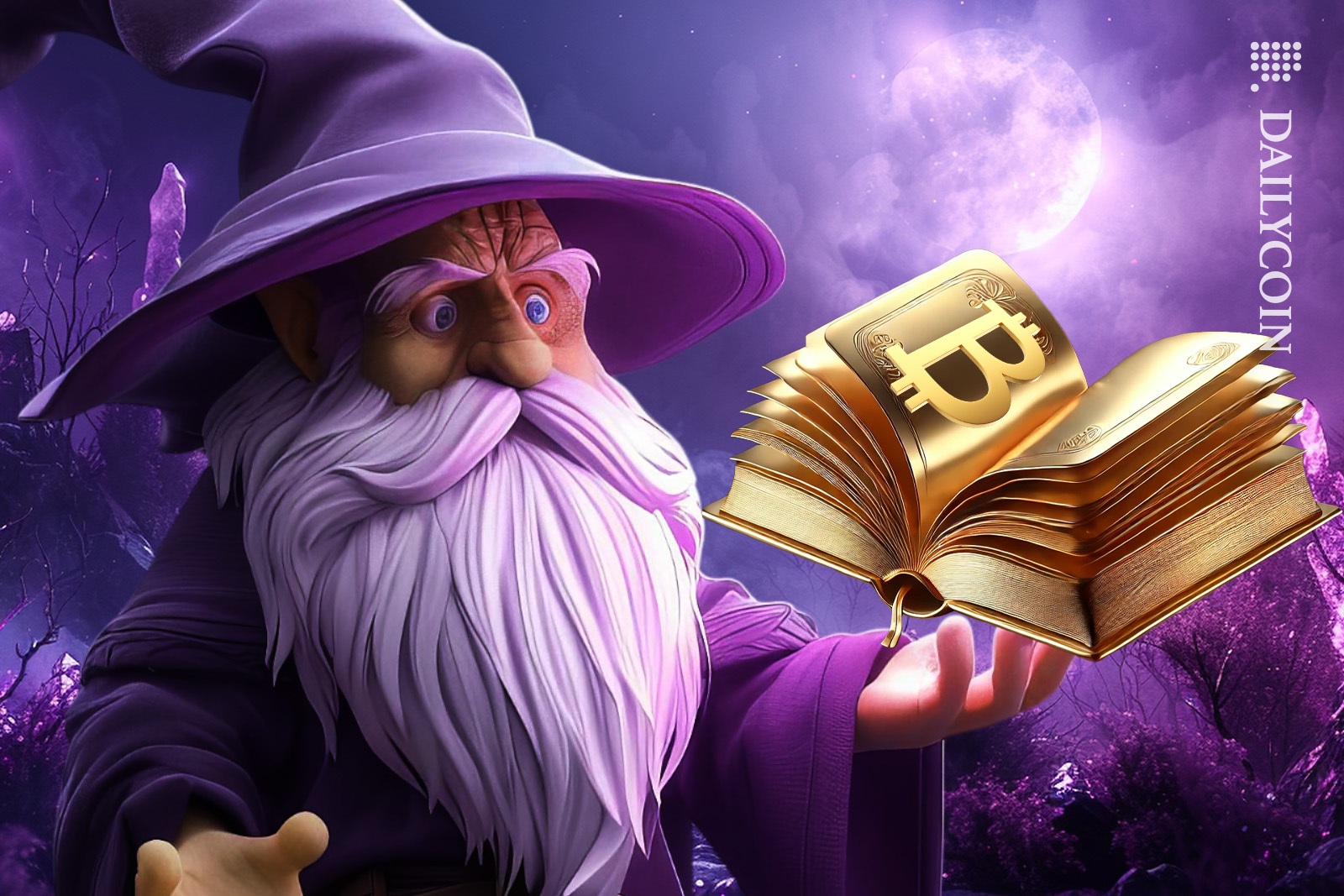 Wizard opening the middle pages of bitcoin book.
