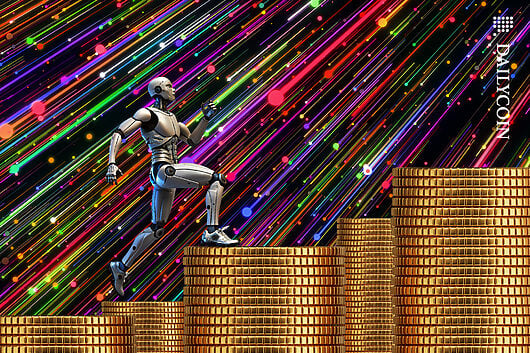 Robot running up stacks of coins