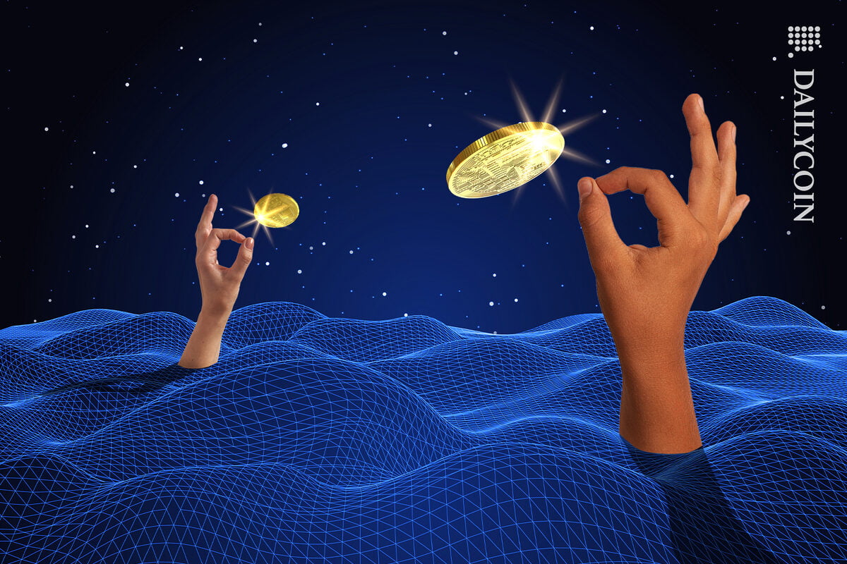Hands flicking crypto coins into space.
