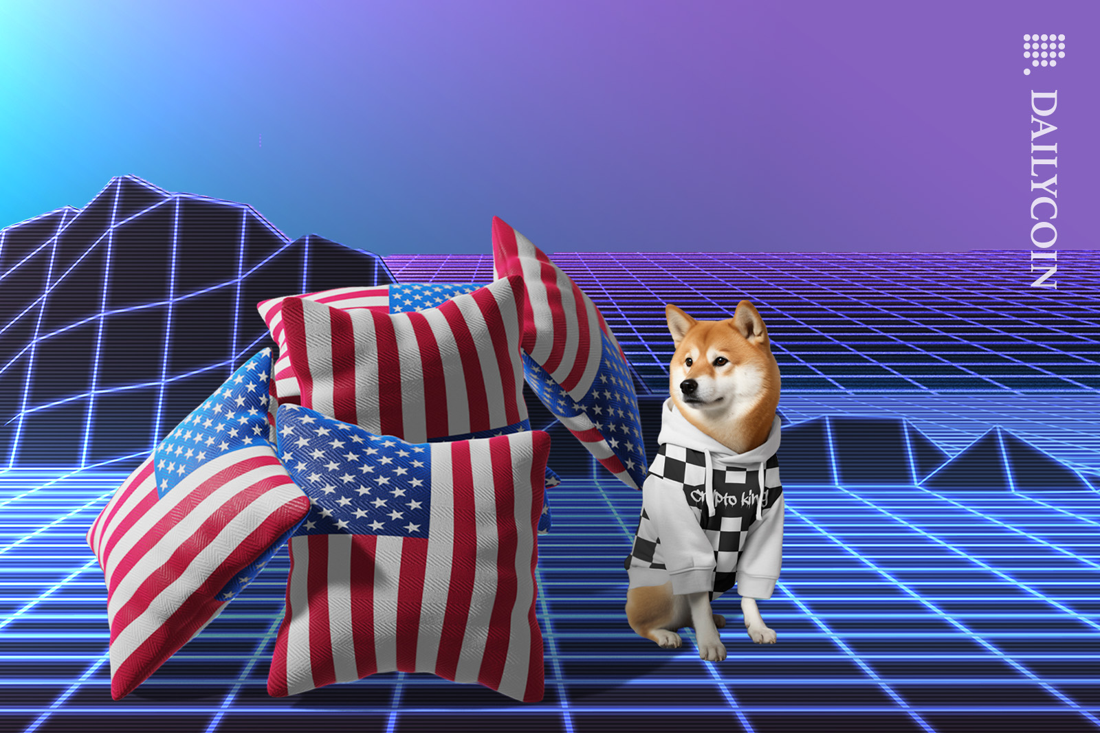 Shiba Inu sitting next to a den made of USA flag pillows, wearing a ''crypto king'' jumper.