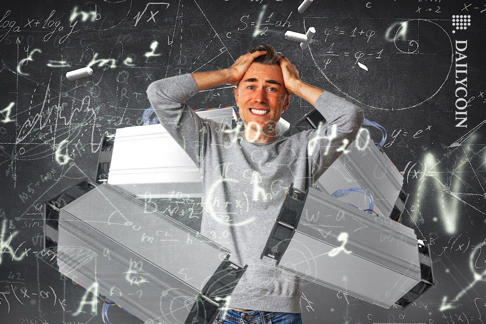 Man surrounded by crypto mining rigs and maths calculations and he is holding his head.