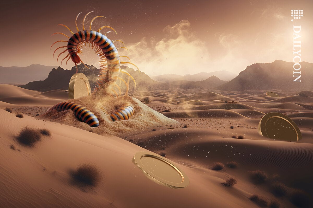 A desert worm covering up crypto coins with sand.