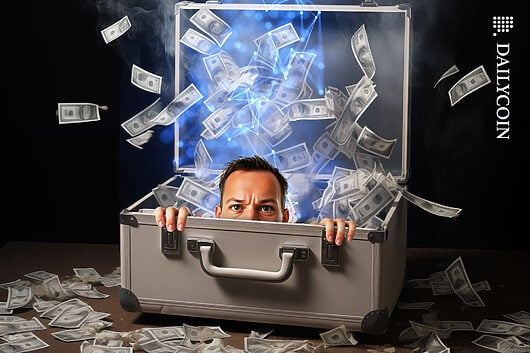 Man hiding in a cash suitcase with DEFI particles coming out.