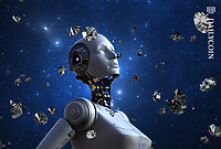 Gems are falling in the digital sky on a robot.