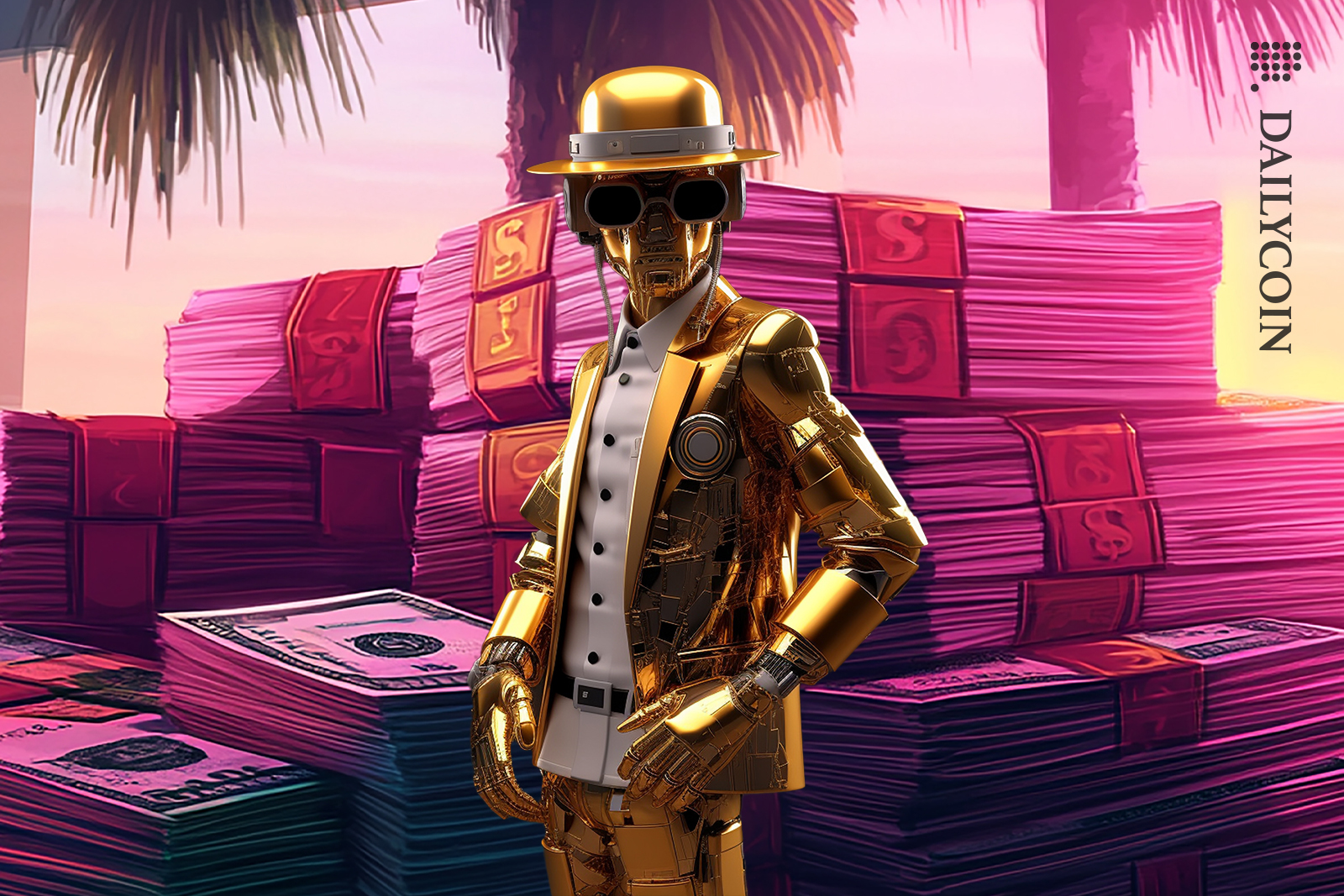 Man made of gold in the middle of lots of cash.