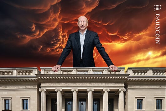 Gary Gensler hands on top of court room with a dark storm behind him.
