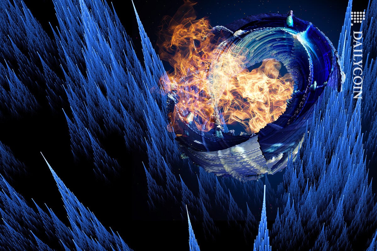 A digital circle with fire in the middle with sharp peaks surrounding it.
