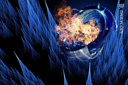 A digital circle with fire in the middle with sharp peaks surrounding it.