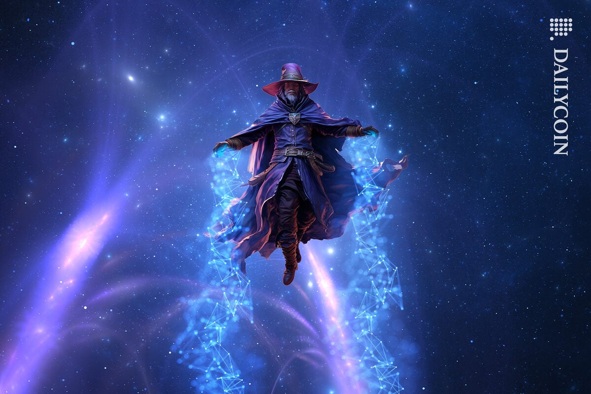 Wizard flying with defi power with space force behind him.