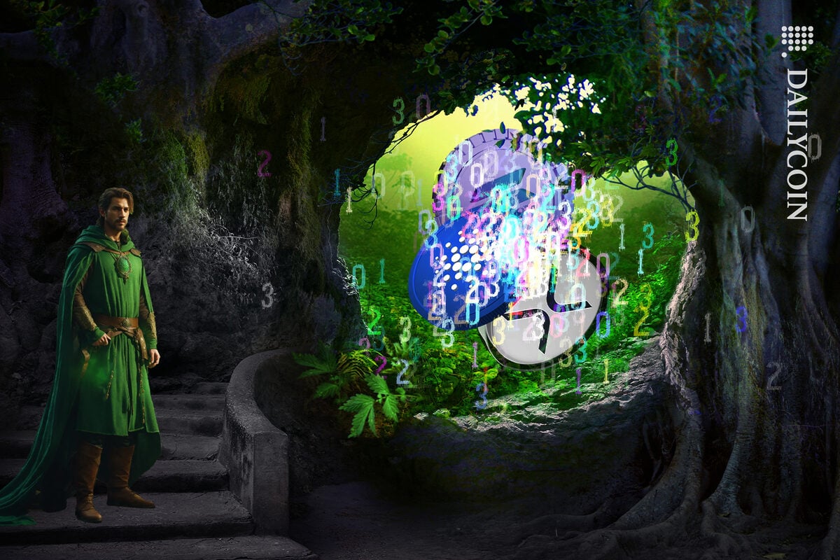 Robin hood man standing next to a cave entrance of Cardano, Solana and XRP coin.