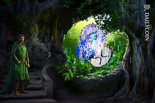 Robin hood man standing next to a cave entrance of Cardano, Solana and XRP coin.